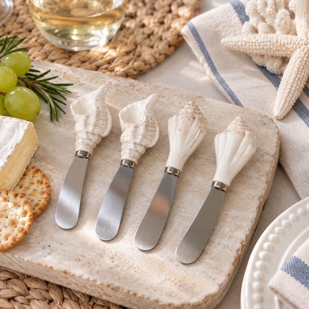 NWT Seashell Cheese Spreader Set 4pc Cream Conch Whelk Coastal Decor Beach House